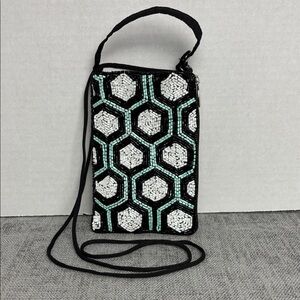 Elegant Beaded Bag - Black, White, and Blue Hexagon